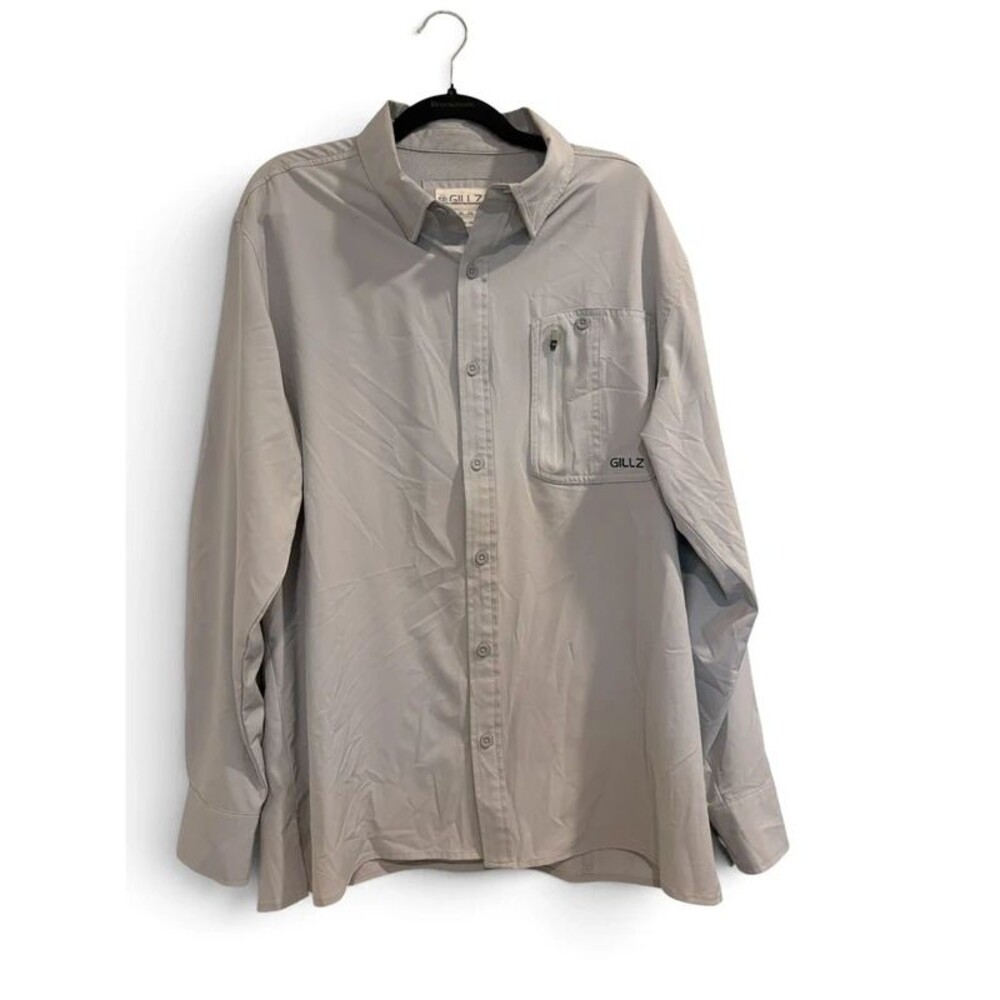 Gillz Men’s Lrg Fishing Shirt - Long Sleeve Button Up Light Gray Vented Stretch